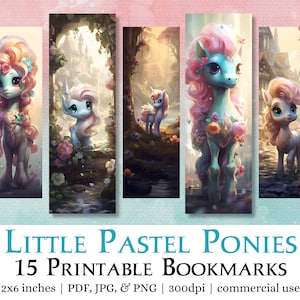 15 Little Pastel Ponies Printable Bookmarks | JPG print and cut, PNG images to sublimate, printed commercial use, cute bookmark set gift
