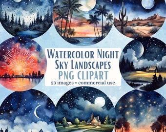 Watercolor Night Sky Landscapes PNG Clipart Set | Digital Download, Commercial Use, car coaster images, mug sublimation, clip art bundle