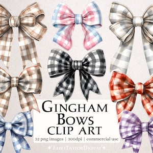 Op de afbeelding: Set van 8 digitale clip art afbeeldingen van gingham strikken in verschillende kleuren, waaronder bruin, roze, blauw, zwart, rood en paars. De strikken zijn getekend in een aquarel stijl en hebben een geruit patroon.