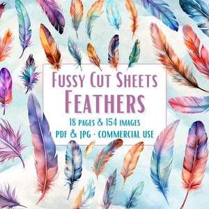 154 Watercolor Feathers Fussy Cuts, Instant Download Printable PDF Fussy Cutting Sheets fussy cut pages ephemera scrapbooking commercial use
