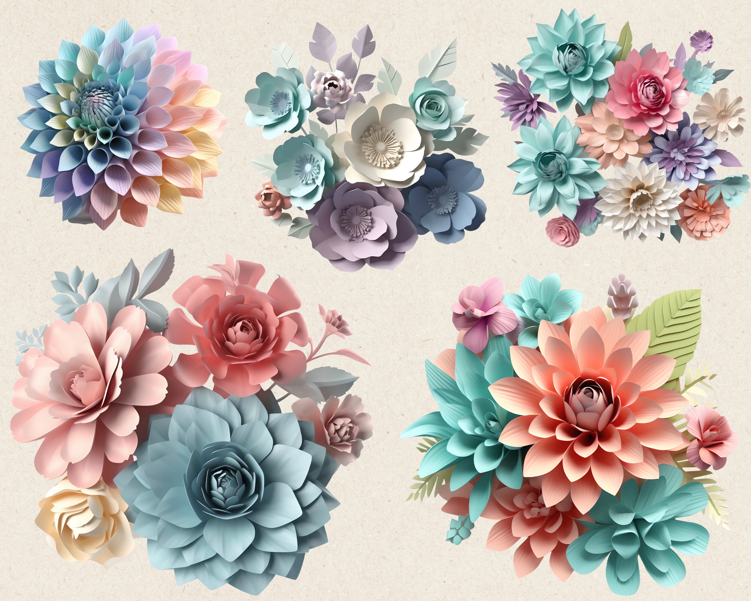 Pastel Paper Flowers Clip Art 15 PNG Images With Transparent Etsy