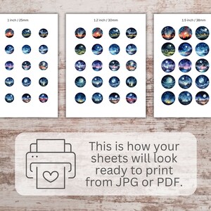 May include: Three printable sheets of watercolor illustrations of night scenes with moons, stars, and trees. The sheets are labeled with the size of each circle: 1 inch, 1.2 inches, and 1.5 inches.