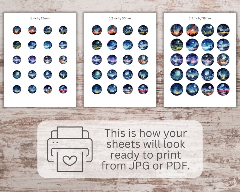 May include: Three printable sheets of watercolor illustrations of night scenes with moons, stars, and trees. The sheets are labeled with the size of each circle: 1 inch, 1.2 inches, and 1.5 inches.