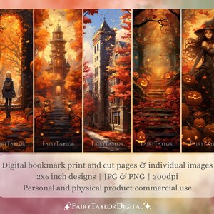 May include: Five digital printable bookmark designs featuring autumnal scenes with a witch, a spooky house, and a pathway lined with jack-o'-lanterns. The bookmarks are 2 inches wide by 6 inches tall and are available in JPG and PNG formats.