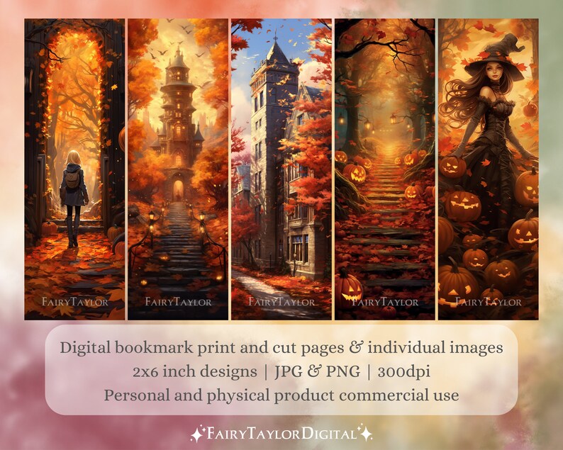 May include: Five digital printable bookmark designs featuring autumnal scenes with a witch, a spooky house, and a pathway lined with jack-o'-lanterns. The bookmarks are 2 inches wide by 6 inches tall and are available in JPG and PNG formats.