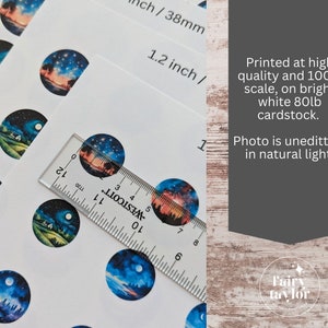 May include: A set of 1.2 inch round stickers featuring watercolor paintings of night scenes with stars, moons, and trees. The stickers are printed on 80lb white cardstock. Printed at high quality and 100% scale, on bright white 80lb cardstock. Photo is uneditted, in natural light.