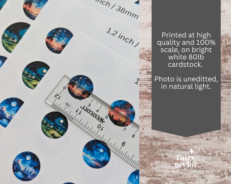 May include: A set of 1.2 inch round stickers featuring watercolor paintings of night scenes with stars, moons, and trees. The stickers are printed on 80lb white cardstock. Printed at high quality and 100% scale, on bright white 80lb cardstock. Photo is uneditted, in natural light.