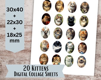 Kittens Digital Collage Sheets, Cabochon Images, Oval Collage Sheet 30x40mm, 22x30mm, 18x25mm Printable Pendant Images, Digital Download