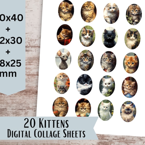Kittens digitale collagebladen, cabochonafbeeldingen, ovaal collageblad 30x40mm, 22x30mm, 18x25mm afdrukbare hangerafbeeldingen, digitale download