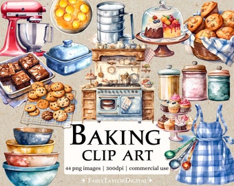 44 Baking PNG Clipart, Transparent Background Instant Download, Commercial Use POD, Watercolor Rustic Cooking Country Kitchen Clipart bundle