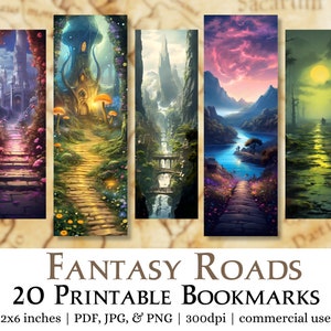 20 Fantasy Roads Printable Bookmarks | JPG pages, PNG image sublimation, commercial use printed bookmarks, print and cut bookmark set