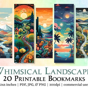 20 marcadores imprimibles de paisajes caprichosos / páginas de impresión y corte JPG, sublimación PNG, juego de marcadores de fantasía, regalo de amante de libros, uso comercial