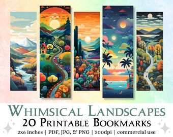 20 Whimsical Landscapes Printable Bookmarks | JPG print & cut pages, PNG sublimation, fantasy bookmark set, book lover gift, commercial use