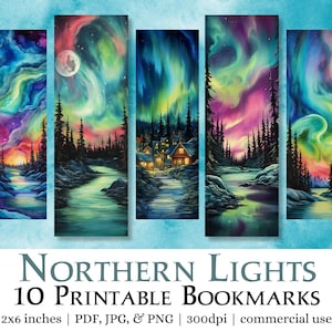 10 Northern Lights Printable Bookmarks | Digital Download Bookmark Sheets PDF, Print and Cut Bookmark Set, PNG bookmark sublimation