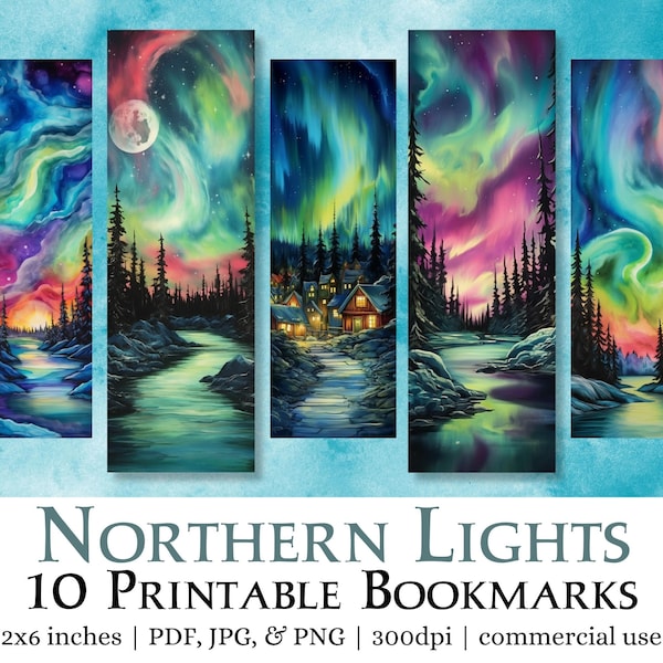 10 Northern Lights Printable Bookmarks | Digital Download Bookmark Sheets PDF, Print and Cut Bookmark Set, PNG bookmark sublimation