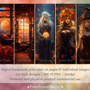 May include: Five digital printable bookmark designs featuring a witch, a woman with a crown of leaves, and a woman holding a pumpkin. The bookmarks are set against a background of autumn leaves and a cozy room with a window. The text "FAIRY TAYLOR" appears at the bottom of each bookmark.