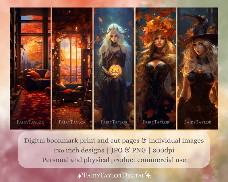 May include: Five digital printable bookmark designs featuring a witch, a woman with a crown of leaves, and a woman holding a pumpkin. The bookmarks are set against a background of autumn leaves and a cozy room with a window. The text "FAIRY TAYLOR" appears at the bottom of each bookmark.