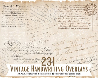 Vintage Handwriting Overlays, 33 transparent PNG Antique Calligraphy and Script, Gold Foil Lettering, Handwritten Letters, Commercial Use