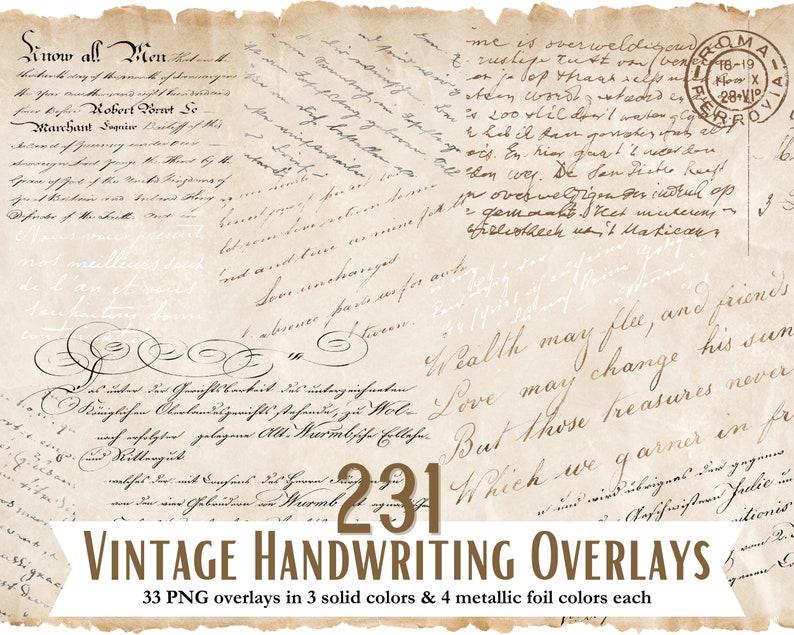 Vintage Handwriting Overlays, 33 transparent PNG Antique Calligraphy and Script, Gold Foil Lettering, Handwritten Letters, Commercial Use image 1