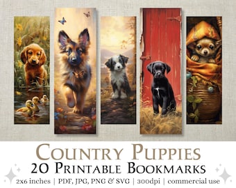 20 Country Puppies Printable Bookmarks | Digital Download JPG Bookmark Sheets, PNG bookmark sublimation, Print and Cut Bookmark Set