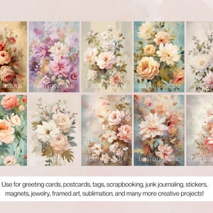 May include: A collection of ten floral art prints featuring watercolor paintings of roses and other flowers in various colors. The prints have a vintage aesthetic and are suitable for greeting cards, stickers, and other creative projects.