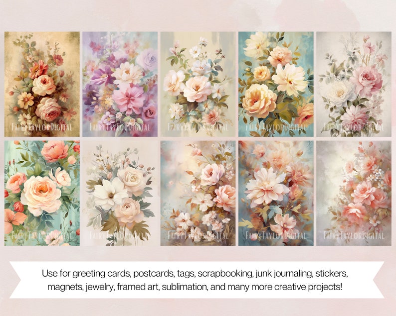 May include: A collection of ten floral art prints featuring watercolor paintings of roses and other flowers in various colors. The prints have a vintage aesthetic and are suitable for greeting cards, stickers, and other creative projects.
