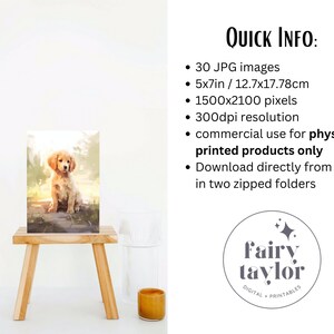 May include: A digital download of 30 high-resolution JPG images featuring a golden retriever puppy sitting in a sunny outdoor setting. The images are 5x7 inches (12.7x17.78 cm) and 1500x2100 pixels, with a 300 dpi resolution. These images are for commercial use for physical printed products only.