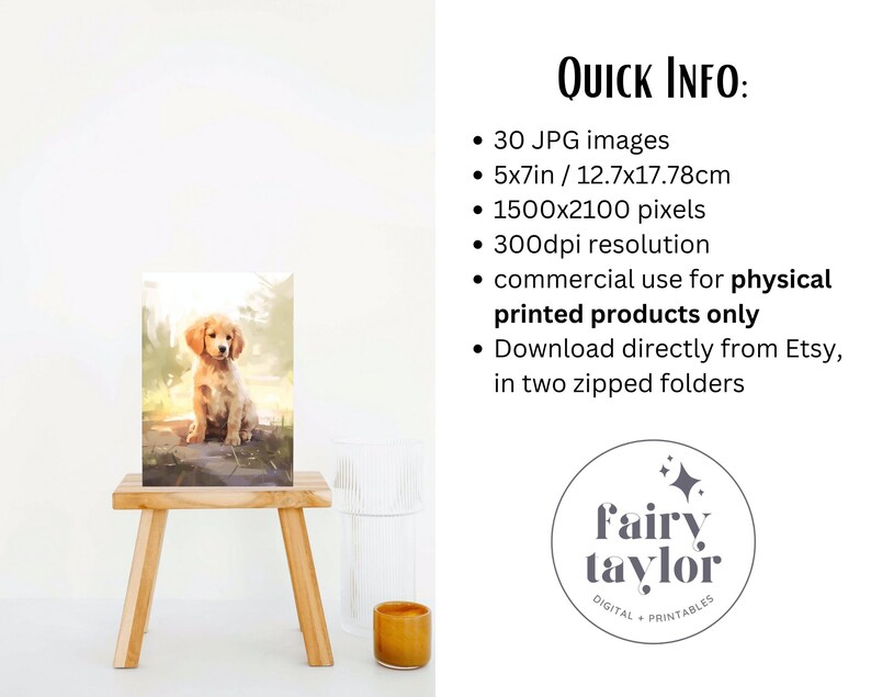 May include: A digital download of 30 high-resolution JPG images featuring a golden retriever puppy sitting in a sunny outdoor setting. The images are 5x7 inches (12.7x17.78 cm) and 1500x2100 pixels, with a 300 dpi resolution. These images are for commercial use for physical printed products only.