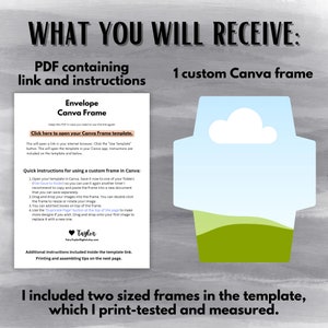 May include: A digital download for a printable envelope frame template for Canva. The image shows a light blue frame with a white cloud and green grass. The text on the image says "Click here to open your Canva Frame template."