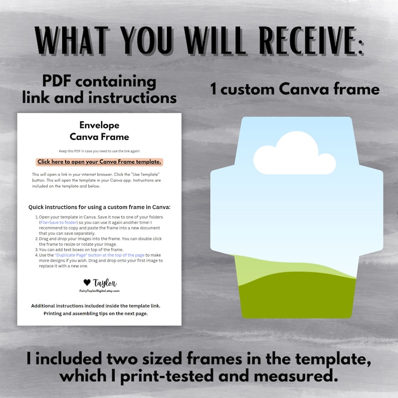 May include: A digital download for a printable envelope frame template for Canva. The image shows a light blue frame with a white cloud and green grass. The text on the image says "Click here to open your Canva Frame template."