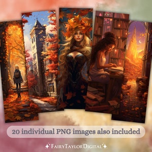 May include: A set of five bookmarks featuring illustrations of a woman in a forest, a woman reading in a library, a woman in a doorway, a woman in a forest, and a woman in a library. The bookmarks are all in a vertical format and have a vintage aesthetic.