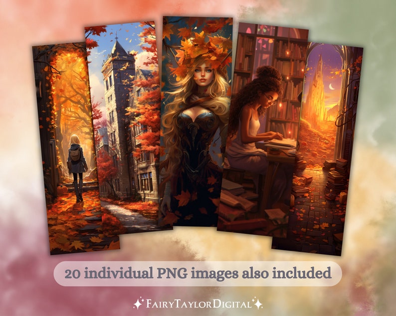 May include: A set of five bookmarks featuring illustrations of a woman in a forest, a woman reading in a library, a woman in a doorway, a woman in a forest, and a woman in a library. The bookmarks are all in a vertical format and have a vintage aesthetic.