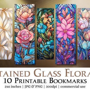Stained Glass Flowers Printable Bookmarks | JPG pages print and cut, PNG bookmark sublimation designs, floral bookmark set, commercial use
