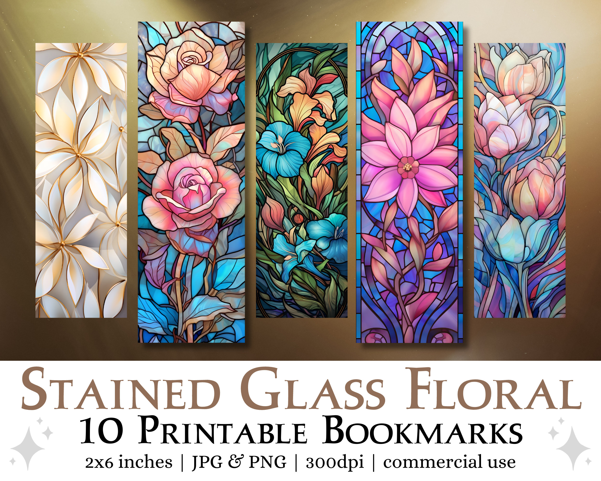 Stained Glass Flowers Printable Bookmarks | JPG Pages Print and Cut ...
