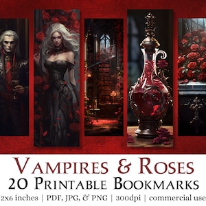 20 Vampires & Roses Printable Bookmarks | Digital Download JPG Bookmark Sheets, PNG bookmark sublimation, Print and Cut Fantasy Bookmark Set
