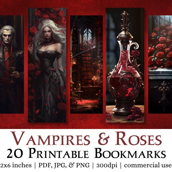 20 Vampires & Roses Printable Bookmarks | Digital Download JPG Bookmark Sheets, PNG bookmark sublimation, Print and Cut Fantasy Bookmark Set