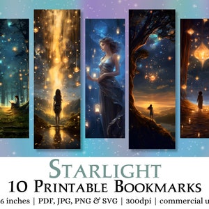 10 Starlight Printable Bookmarks | Strony JPG do druku i cięcia, sublimacja PNG, zakładka, prezent dla miłośnika książek fantasy, zestaw zakładek, zastosowanie komercyjne