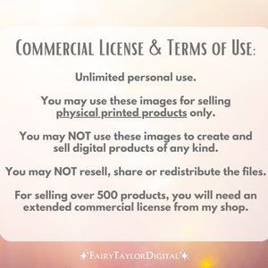 May include: A digital art license with text that reads "Commercial License & Terms of Use." The license allows for unlimited personal use and the sale of physical printed products. Reselling or redistributing the files is prohibited.