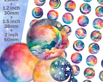 May include: A set of 10 watercolour moon and star stickers in various sizes, including 1 inch (25 mm), 1.2 inches (30 mm), 1.5 inches (38 mm), and 2 inches (50 mm). The stickers feature a crescent moon, stars, and clouds in shades of blue, pink, and purple.