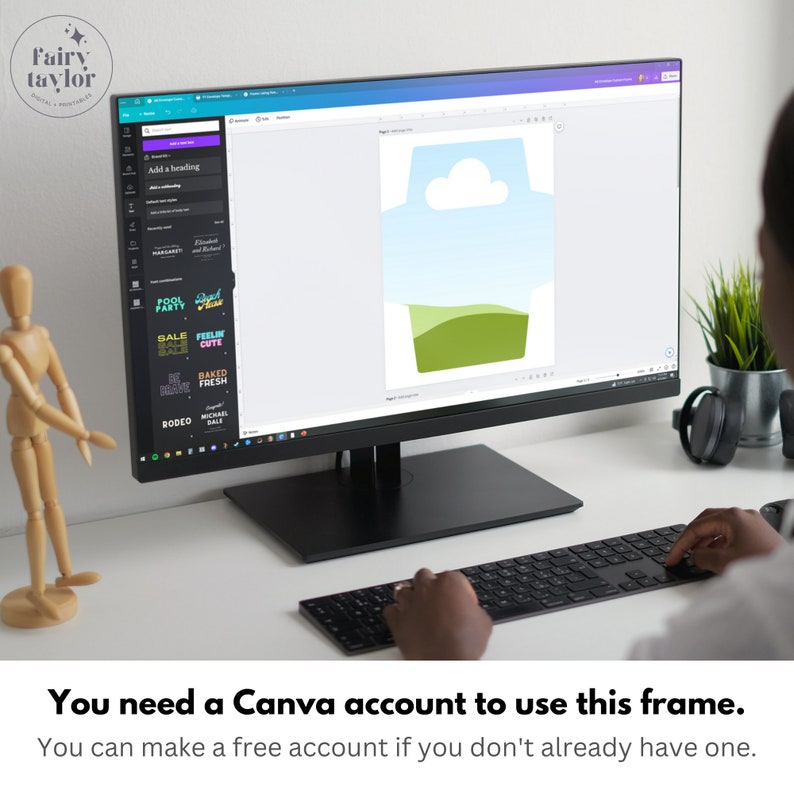 May include: A computer screen displaying a Canva design template with a cloud and green hills. The text "You need a Canva account to use this frame. You can make a free account if you don't already have one." is displayed below the screen.