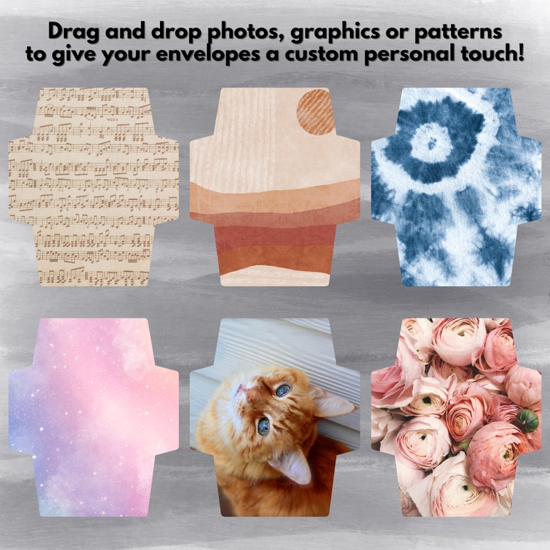 May include: Six different envelope designs with various patterns and images. The designs include a musical score, a sunset landscape, a tie-dye pattern, a galaxy, a cat, and a bouquet of pink flowers.