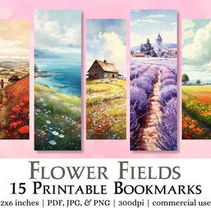 15 Flower Fields Bookmark Designs, Printable Bookmarks digital download, Sublimate Cricut Silhouette print & cut, Watercolor Bookmark Bundle