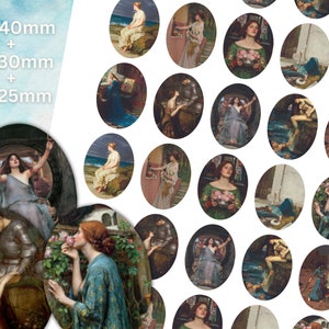 Feuilles ovales de collage numérique 30x40mm, 22x30mm, 18x25mm - J.W. Waterhouse Art, Bijoux cabochons ovales, paramètres de pendentif, image à usage commercial