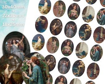 Oval Digital Collage Sheets 30x40mm, 22x30mm, 18x25mm - J.W. Waterhouse Art, Oval Cabochon Jewelry, pendant settings, commercial use image