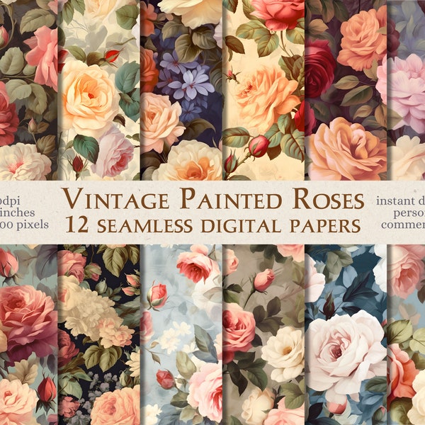 Seamless Patterns - Vintage Painted Roses | Digital Paper Instant Download with Commercial Use | printable journal & scrapbook