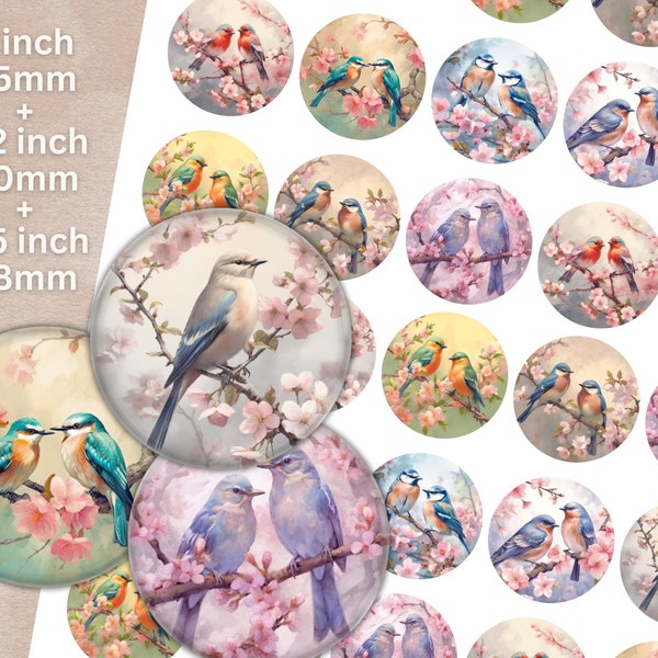 Feuille de collage numérique - Oiseaux et fleurs | Cercle de 1 pouce, 1,2 pouce, 1,5 pouce, 25 mm, 30 mm, 38 mm | Bijoux cabochons ronds, porte-clés, boutons