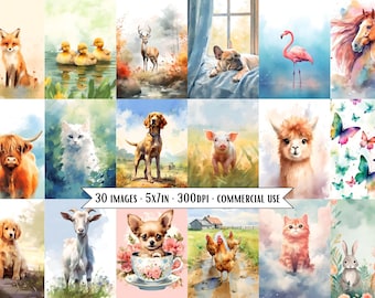 Cute Animals 5x7 card front, DIY Greeting Card, Tags, Junk Journaling, digital cards, sublimation, art print, watercolor card bundle