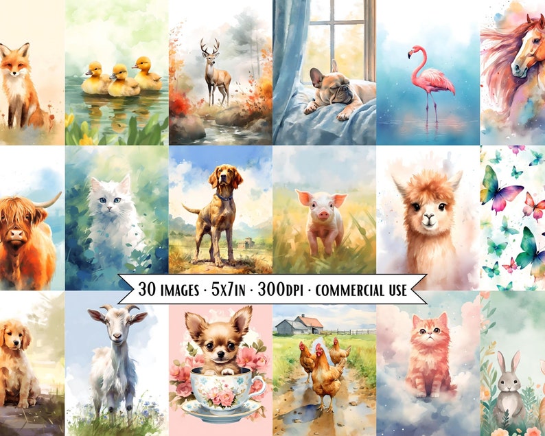 May include: A collection of 30 watercolor illustrations featuring various animals, including a fox, deer, ducks, cat, dog, pig, llama, butterfly, goat, chihuahua, chicken, rabbit, and a flamingo. The illustrations are painted in a soft, whimsical style and are perfect for adding a touch of nature to any project.