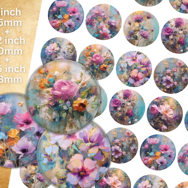 Digital Collage Sheet - Painted Flowers | 1 inch circle, 1.2 inch, 1.5 inch, 25mm, 30mm, 38mm | Round Cabochon Jewelry, Keychain, Buttons