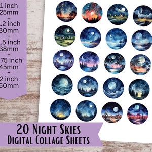 May include: 20 digital collage sheets featuring watercolor illustrations of night skies with stars, moons, and landscapes. The sheets are available in various sizes, ranging from 1 inch to 2 inches.